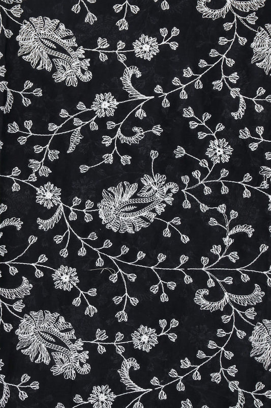 AIzaSyBcstauz-XMPRhEY21AUzeo032pxrXB5Ug - Beautiful White Thread Floral Paisley Embroidery On Black Pure Mul Cotton Fabric