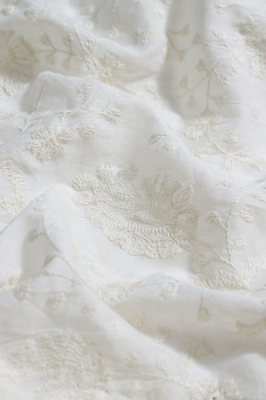 AIzaSyBcstauz-XMPRhEY21AUzeo032pxrXB5Ug - Beautiful White Thread Floral Paisley Embroidery On White Pure Mul Cotton Fabric