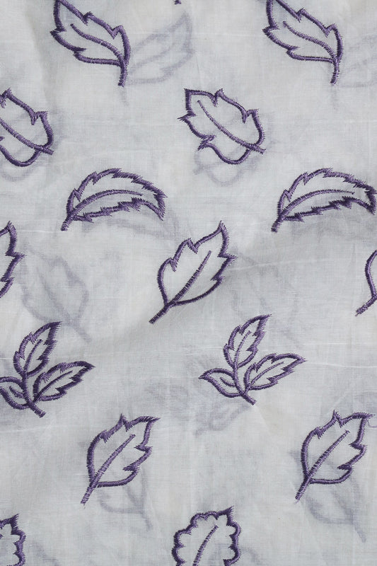 AIzaSyBcstauz-XMPRhEY21AUzeo032pxrXB5Ug - Beautiful Lavender Leafy Embroidery On Off White Organic Cotton Fabric