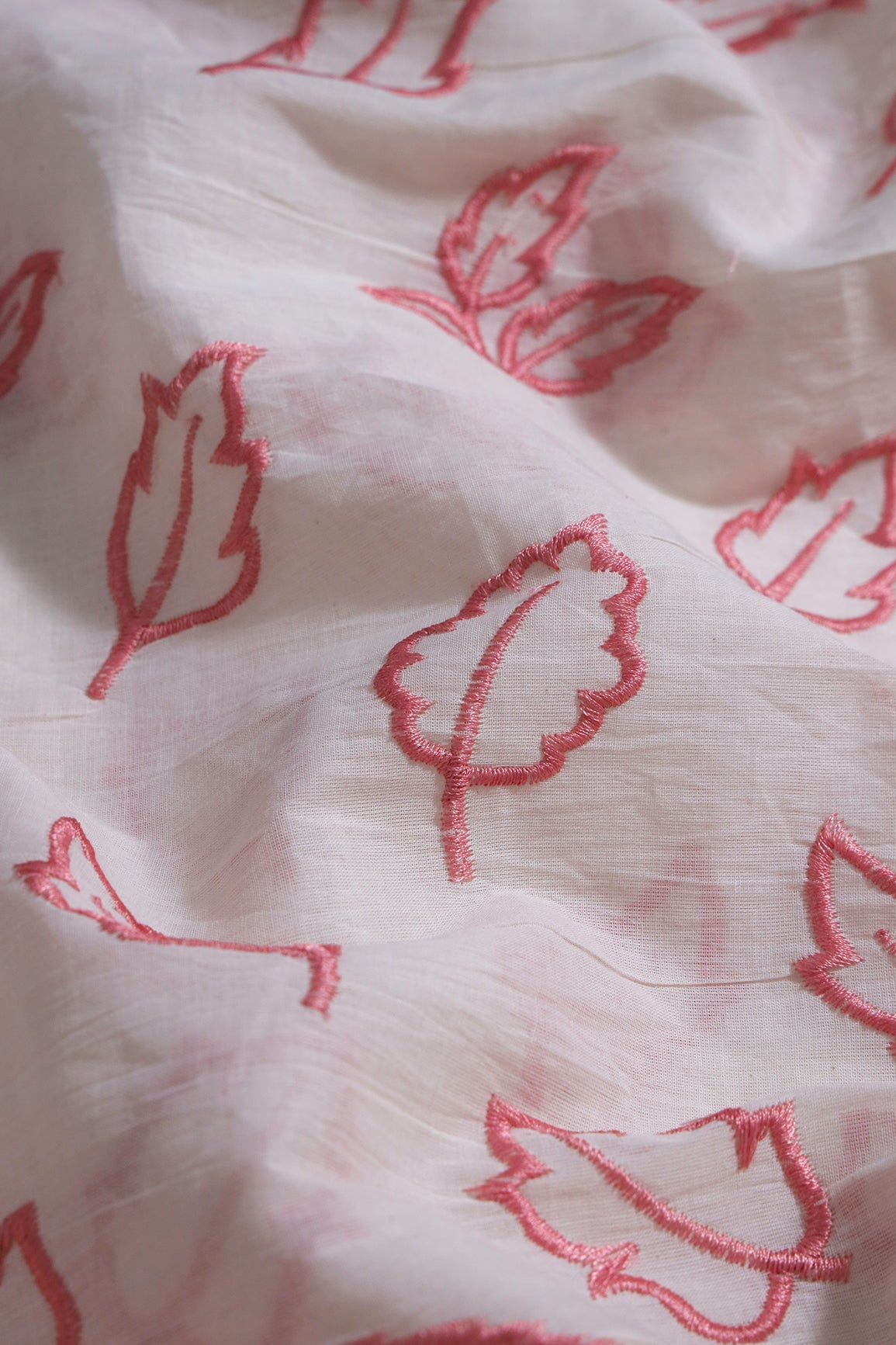 AIzaSyBcstauz-XMPRhEY21AUzeo032pxrXB5Ug - Beautiful Pink Leafy Embroidery On Off White Organic Cotton Fabric