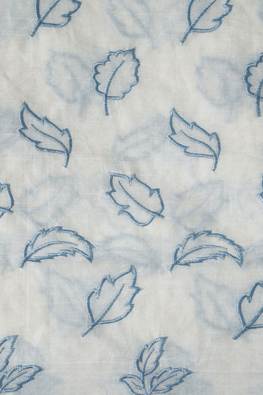 AIzaSyBcstauz-XMPRhEY21AUzeo032pxrXB5Ug - Beautiful Blue Leafy Embroidery On Off White Organic Cotton Fabric