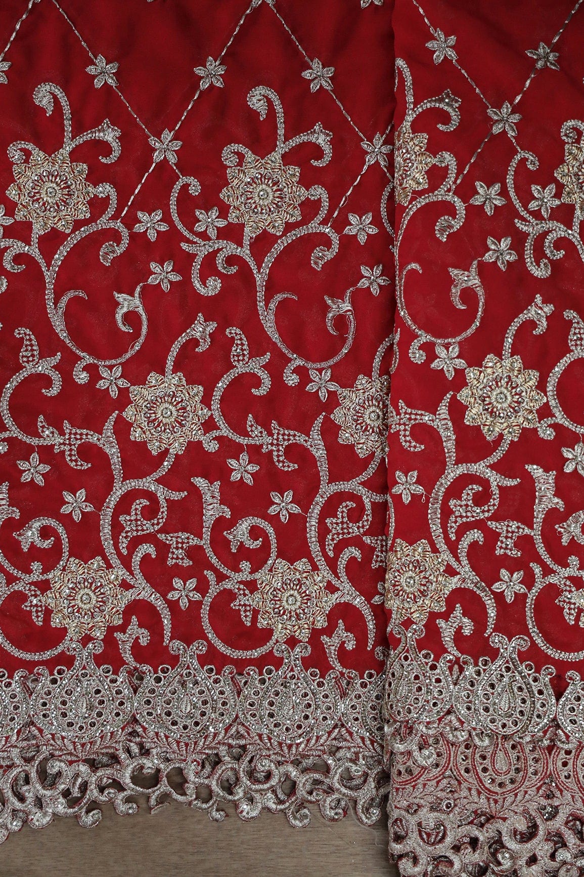 AIzaSyBcstauz-XMPRhEY21AUzeo032pxrXB5Ug - Big Width''56'' Gold And Silver Zari Floral Embroidery Work On Red Georgette Fabric With Border