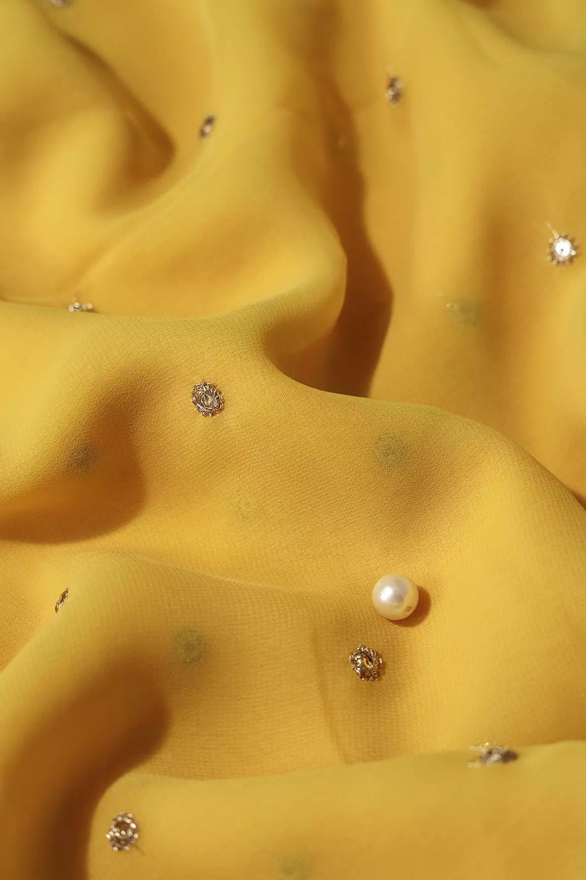 AIzaSyBcstauz-XMPRhEY21AUzeo032pxrXB5Ug - Gold Sequins With Gold Zari Small Motif Embroidery Work On Yellow Georgette Fabric
