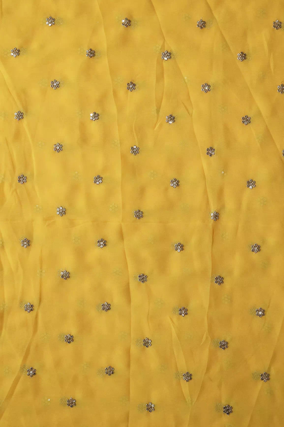 AIzaSyBcstauz-XMPRhEY21AUzeo032pxrXB5Ug - Gold Sequins With Gold Zari Small Motif Embroidery Work On Yellow Viscose Georgette Fabric