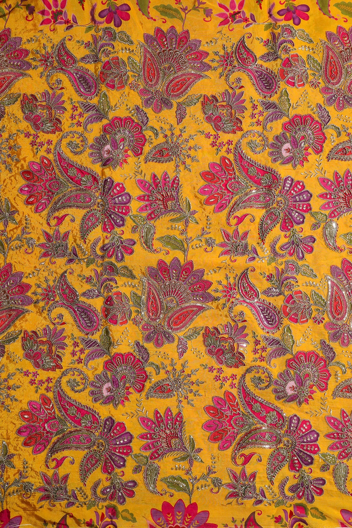 AIzaSyBcstauz-XMPRhEY21AUzeo032pxrXB5Ug - Heavy Gold Zari With Sequins Floral Embroidery On Mustard Yellow Crepe Fabric