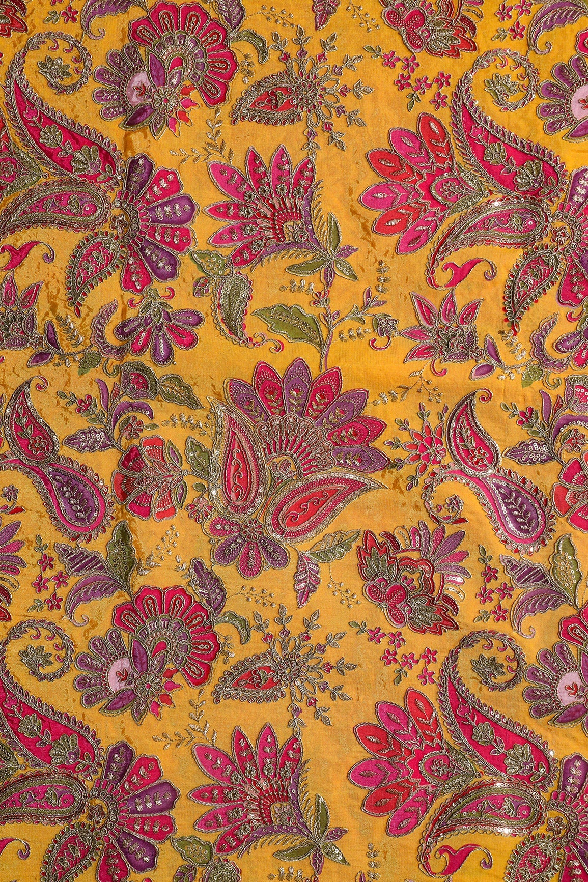 AIzaSyBcstauz-XMPRhEY21AUzeo032pxrXB5Ug - Heavy Gold Zari With Sequins Floral Embroidery On Mustard Yellow Crepe Fabric