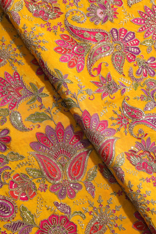 AIzaSyBcstauz-XMPRhEY21AUzeo032pxrXB5Ug - Heavy Gold Zari With Sequins Floral Embroidery On Mustard Yellow Crepe Fabric