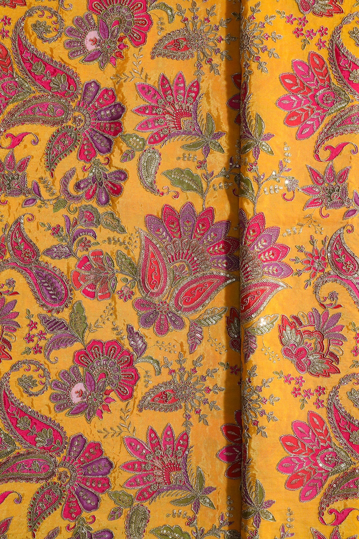 AIzaSyBcstauz-XMPRhEY21AUzeo032pxrXB5Ug - Heavy Gold Zari With Sequins Floral Embroidery On Mustard Yellow Crepe Fabric