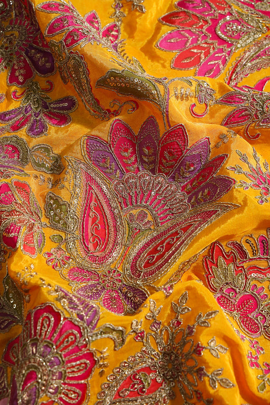 AIzaSyBcstauz-XMPRhEY21AUzeo032pxrXB5Ug - Heavy Gold Zari With Sequins Floral Embroidery On Mustard Yellow Crepe Fabric