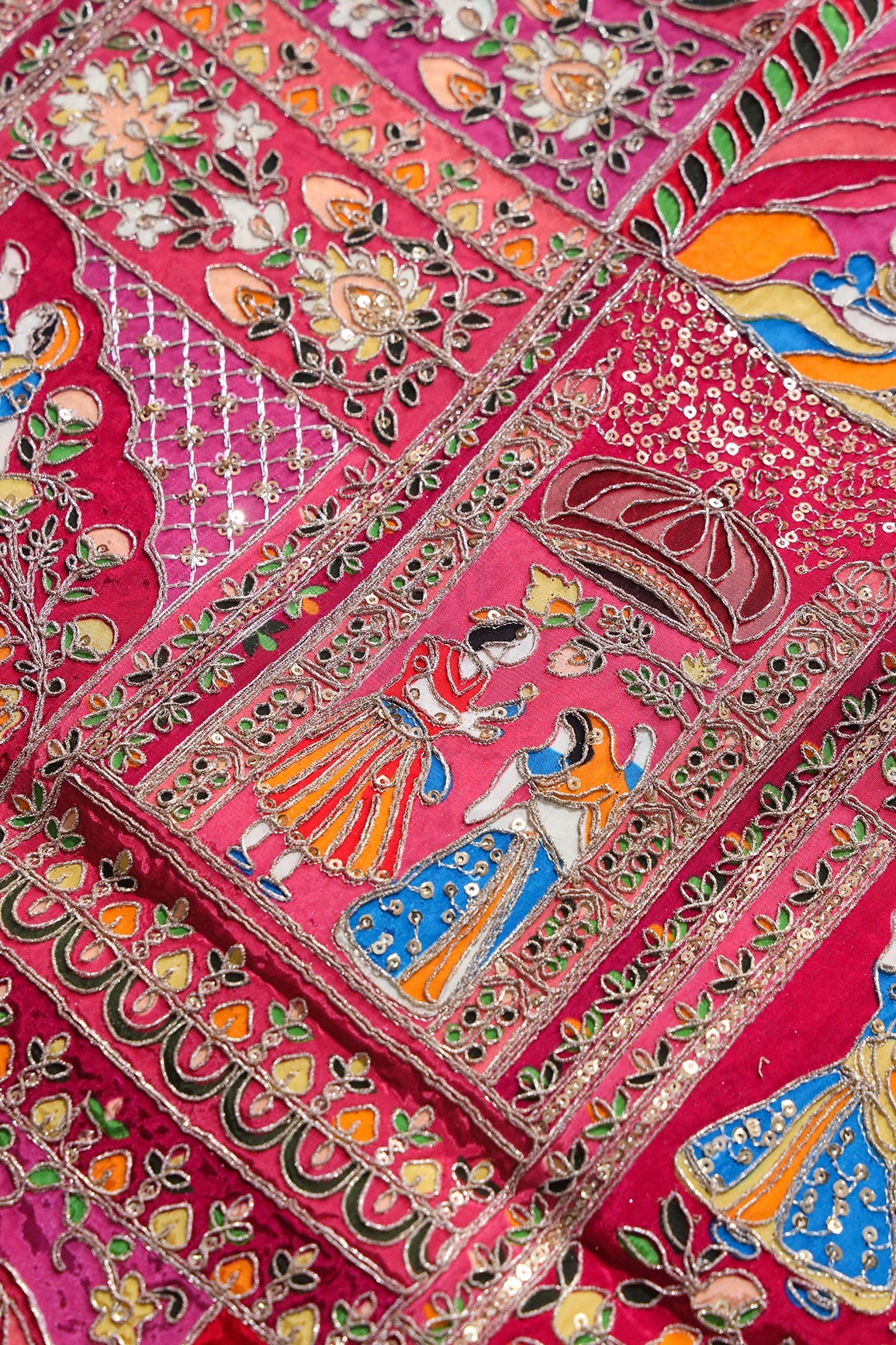 AIzaSyBcstauz-XMPRhEY21AUzeo032pxrXB5Ug - Heavy Gold Zari With Sequins Traditional Embroidery On Positional Print Rani Crepe Fabric