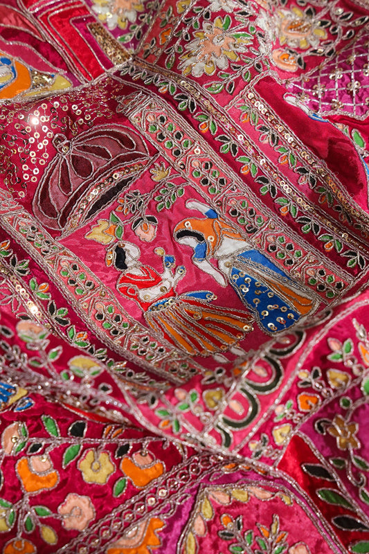 AIzaSyBcstauz-XMPRhEY21AUzeo032pxrXB5Ug - Heavy Gold Zari With Sequins Traditional Embroidery On Positional Print Rani Crepe Fabric