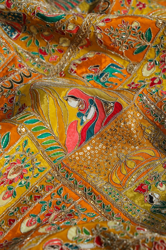 Positional Print With Zari and Sequins Traditional Embroidery On Mustard Yellow Crepe Fabric