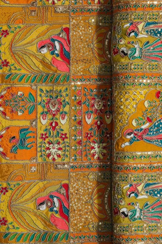 Positional Print With Zari and Sequins Traditional Embroidery On Mustard Yellow Crepe Fabric