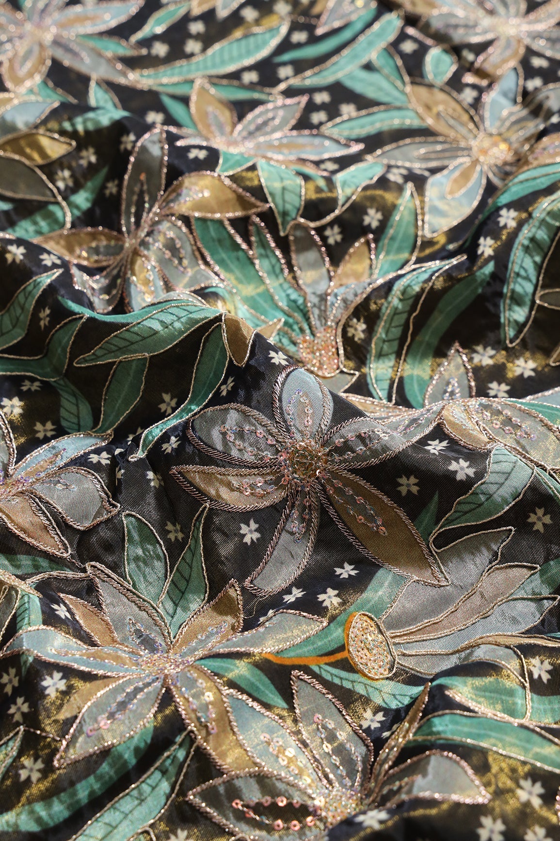 AIzaSyBcstauz-XMPRhEY21AUzeo032pxrXB5Ug - Floral Position Print On Sequins With Zari Embroidery On Mehndi Green Viscose Zari Tissue Fabric