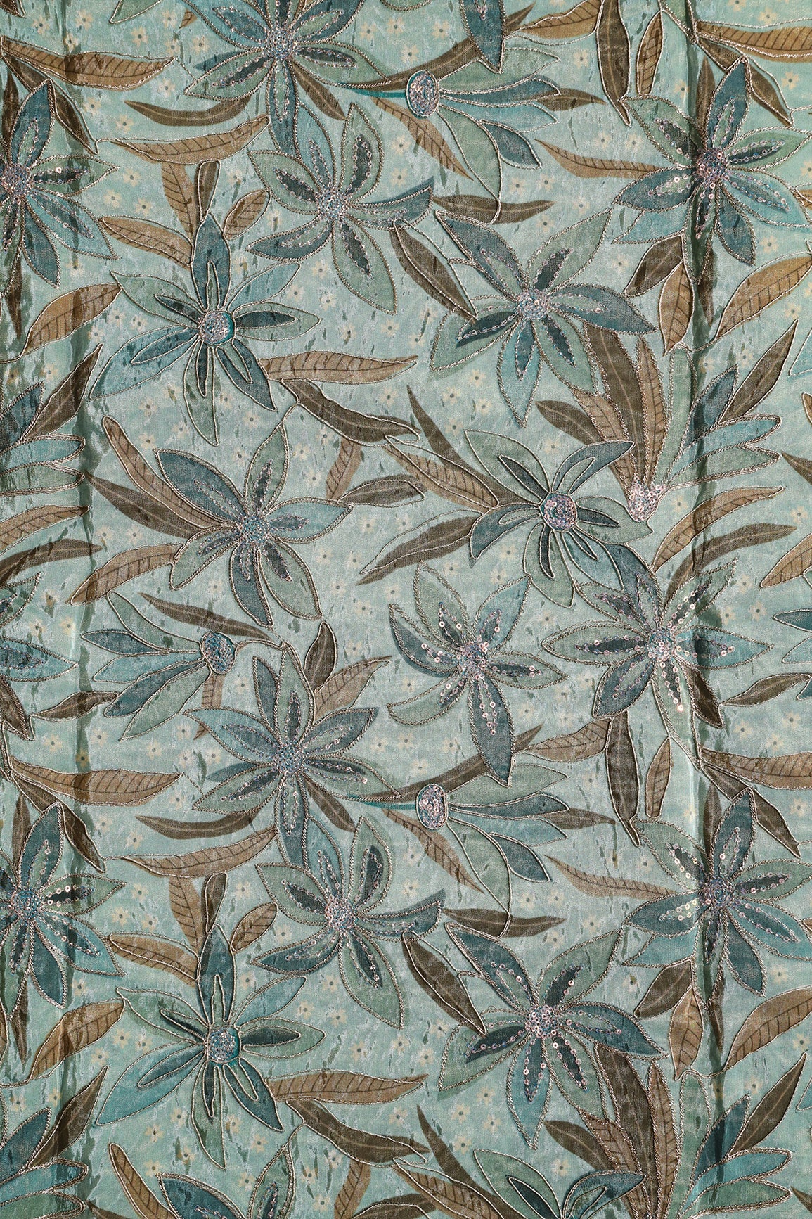 AIzaSyBcstauz-XMPRhEY21AUzeo032pxrXB5Ug - Floral Position Print On Sequins With Zari Embroidery On Pastel Olive Viscose Zari Tissue Fabric