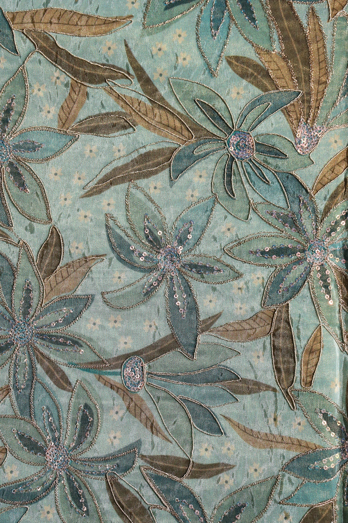 AIzaSyBcstauz-XMPRhEY21AUzeo032pxrXB5Ug - Floral Position Print On Sequins With Zari Embroidery On Pastel Olive Viscose Zari Tissue Fabric