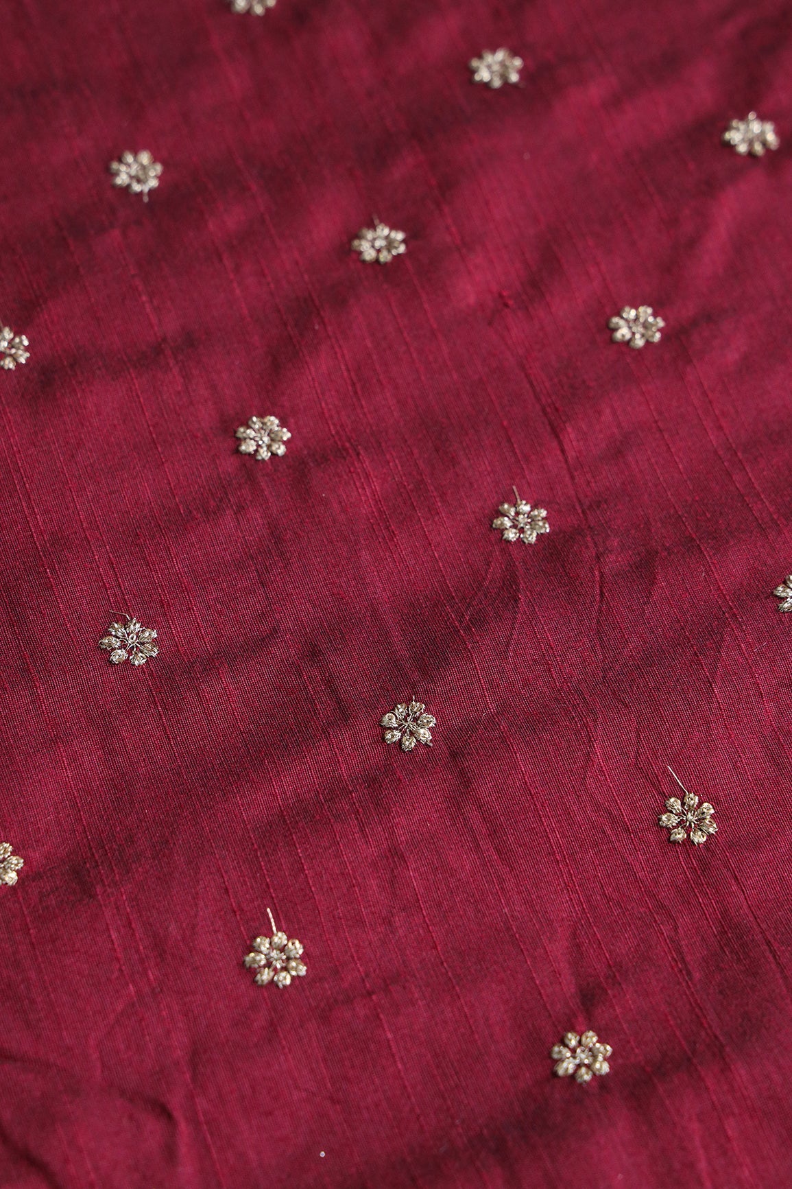 AIzaSyBcstauz-XMPRhEY21AUzeo032pxrXB5Ug - Gold Sequins With Gold Zari Small Motif Embroidery Work On Maroon Raw Silk Fabric