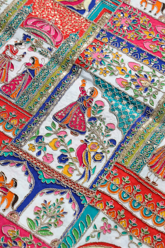 Positional Print with Zari And Sequins Traditional Embroidery On White Crepe Fabric