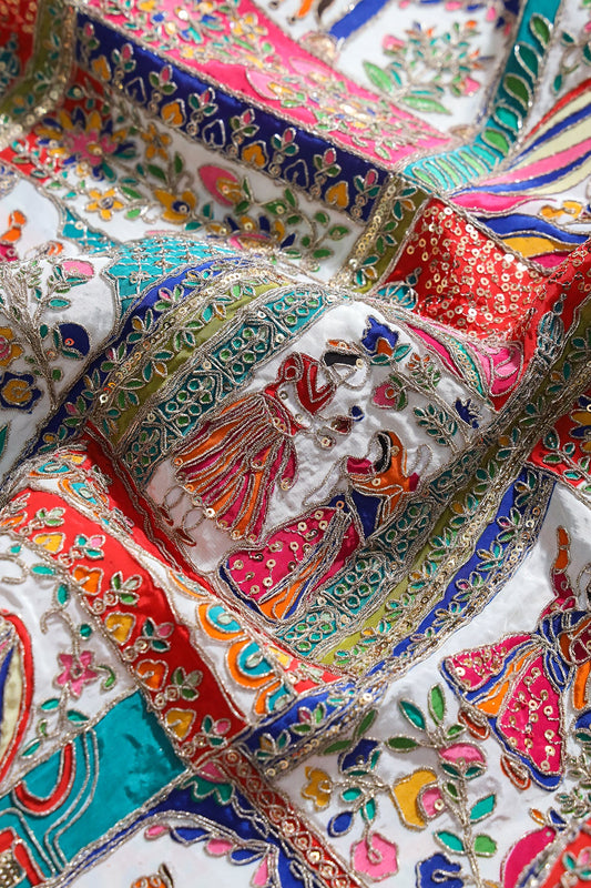 Positional Print with Zari And Sequins Traditional Embroidery On White Crepe Fabric