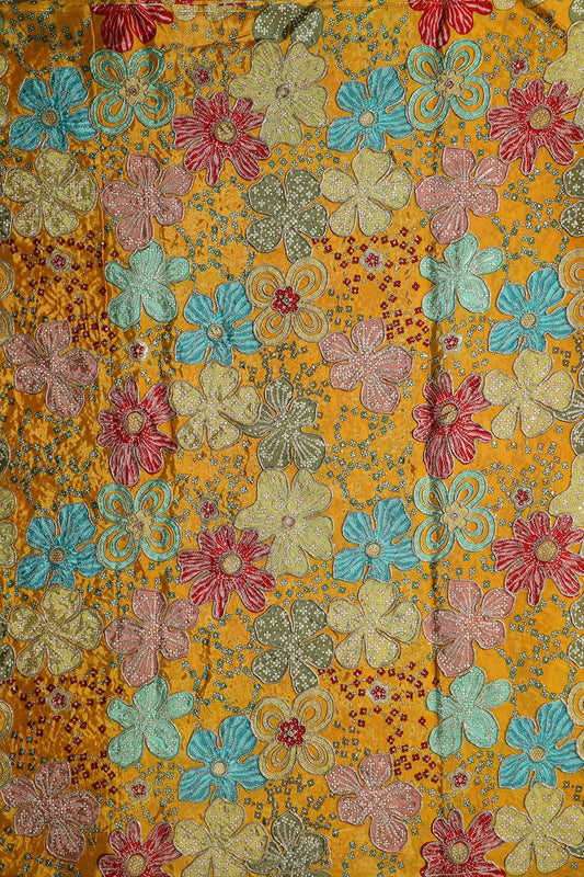 AIzaSyBcstauz-XMPRhEY21AUzeo032pxrXB5Ug - Floral Position Print On Sequins With Zari Embroidery On Mustard Yellow Viscose Zari Tissue Fabric