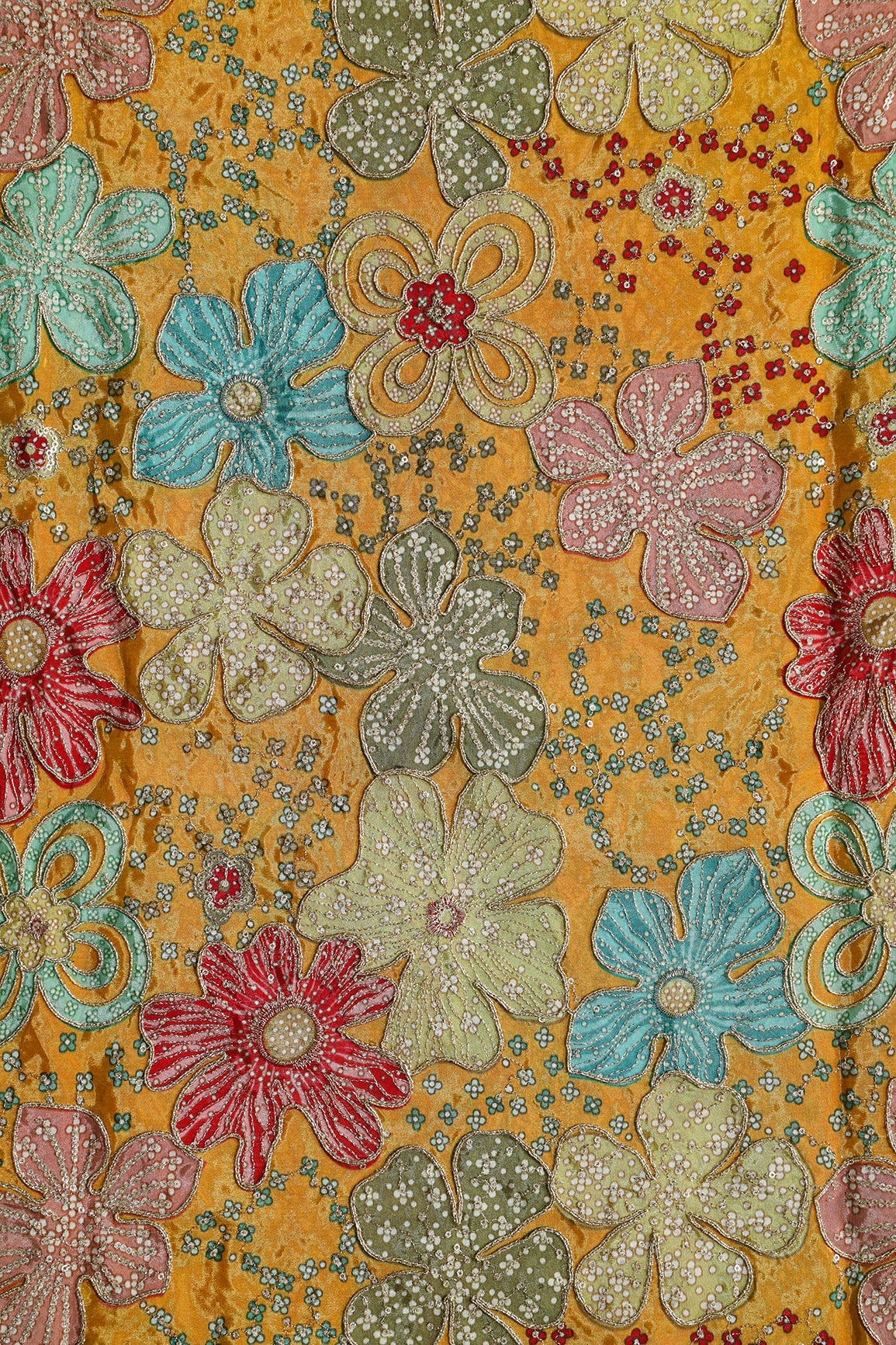 AIzaSyBcstauz-XMPRhEY21AUzeo032pxrXB5Ug - Floral Position Print On Sequins With Zari Embroidery On Mustard Yellow Viscose Zari Tissue Fabric