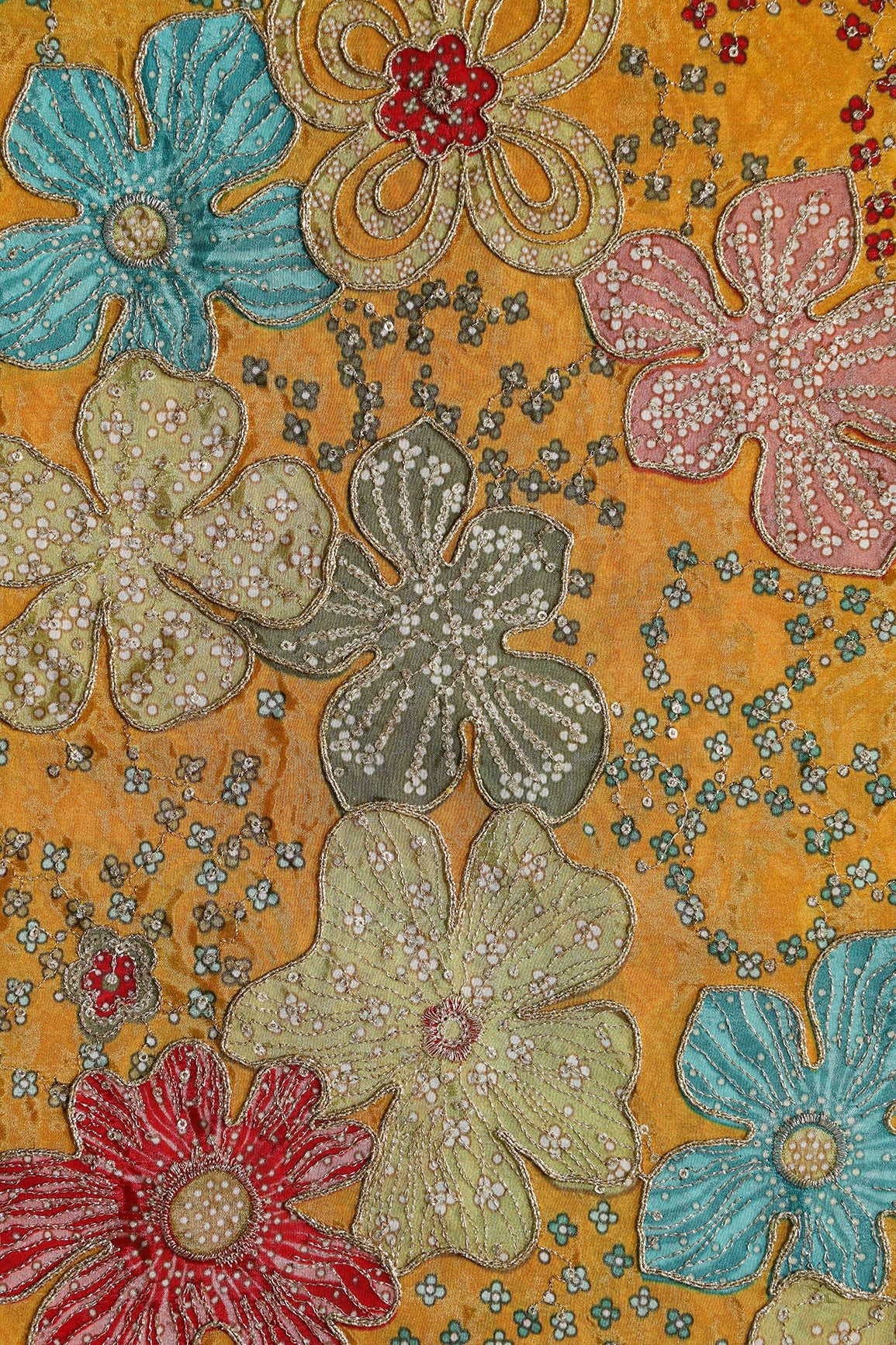 AIzaSyBcstauz-XMPRhEY21AUzeo032pxrXB5Ug - Floral Position Print On Sequins With Zari Embroidery On Mustard Yellow Viscose Zari Tissue Fabric