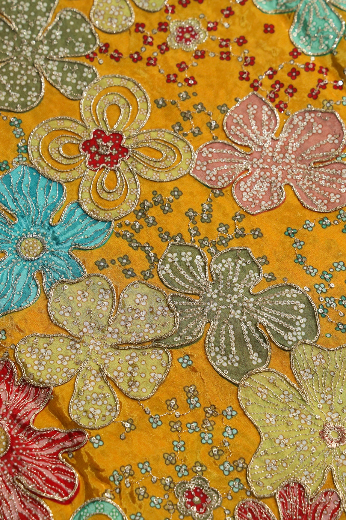 AIzaSyBcstauz-XMPRhEY21AUzeo032pxrXB5Ug - Floral Position Print On Sequins With Zari Embroidery On Mustard Yellow Viscose Zari Tissue Fabric