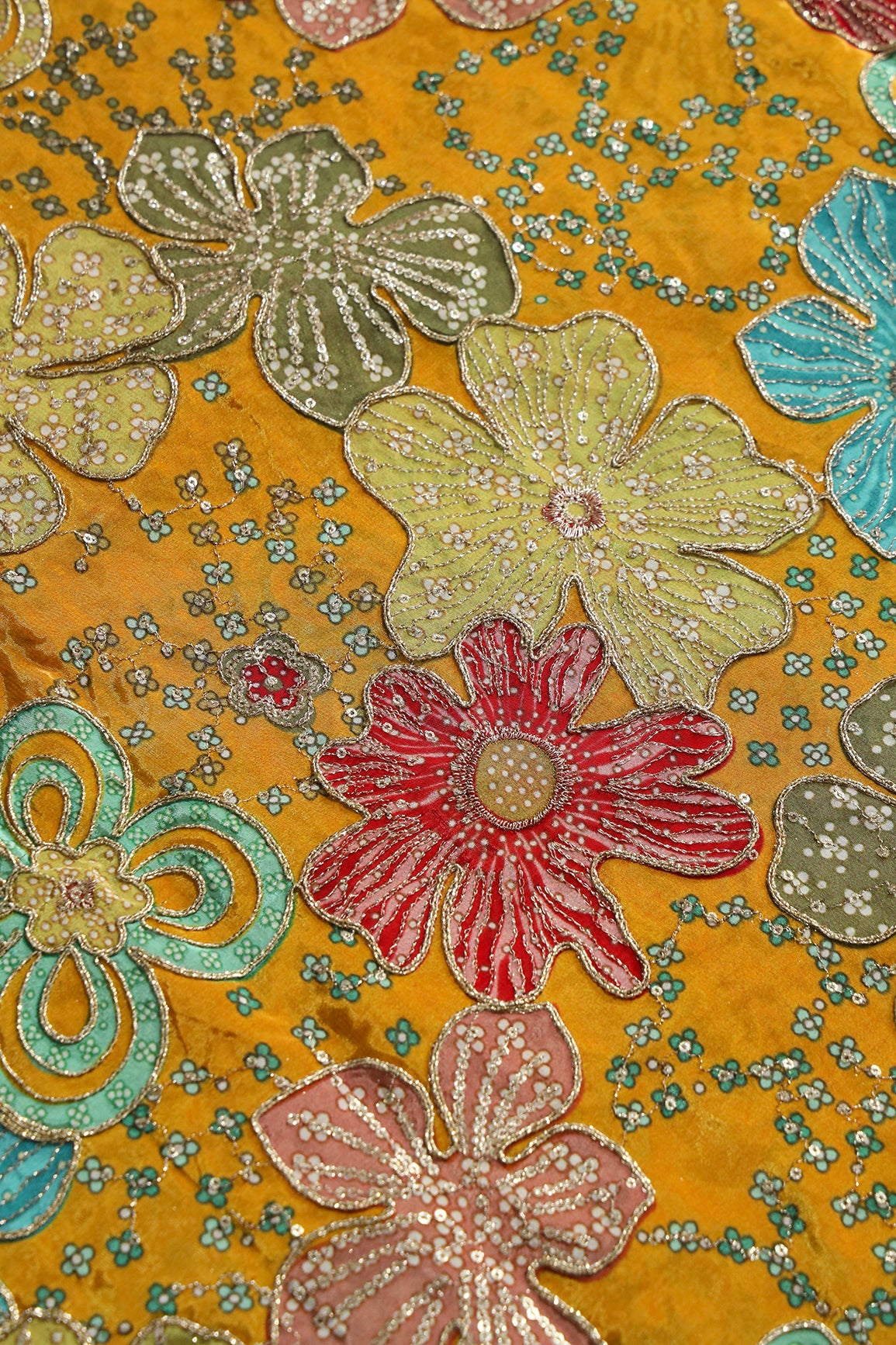 AIzaSyBcstauz-XMPRhEY21AUzeo032pxrXB5Ug - Floral Position Print On Sequins With Zari Embroidery On Mustard Yellow Viscose Zari Tissue Fabric