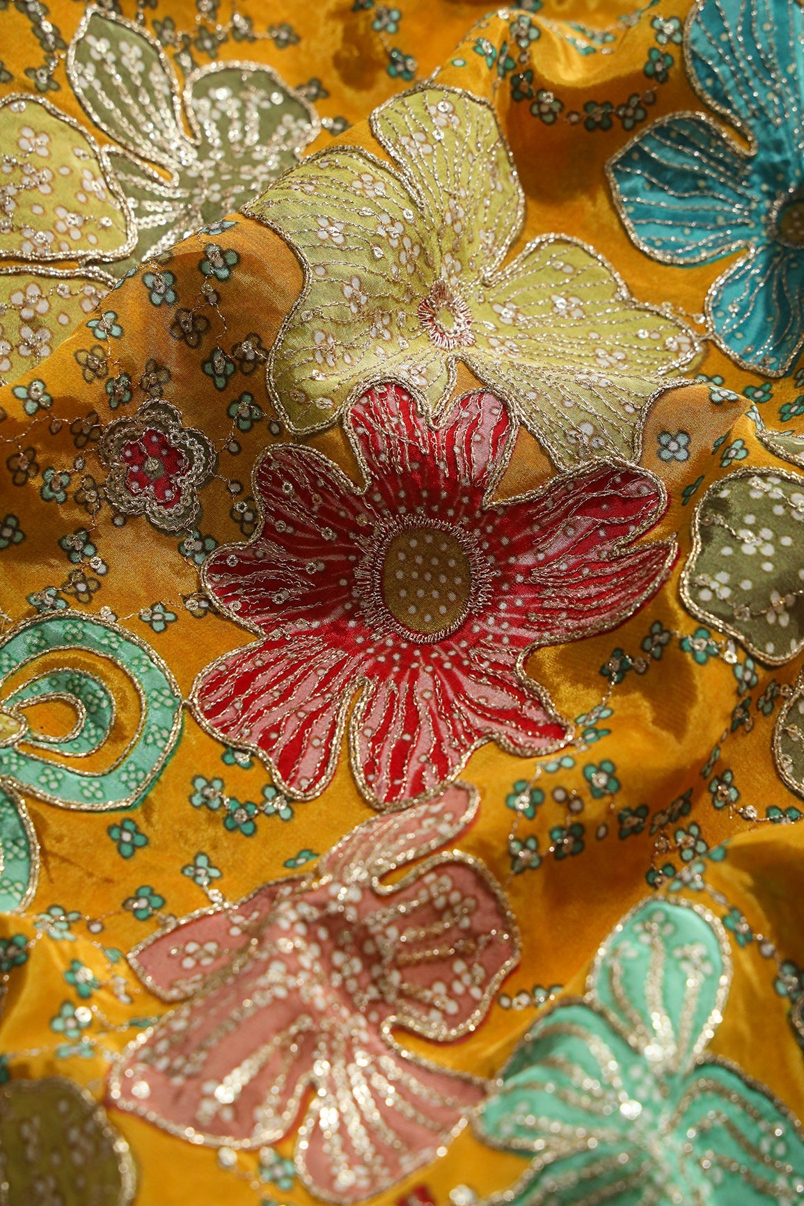 AIzaSyBcstauz-XMPRhEY21AUzeo032pxrXB5Ug - Floral Position Print On Sequins With Zari Embroidery On Mustard Yellow Viscose Zari Tissue Fabric