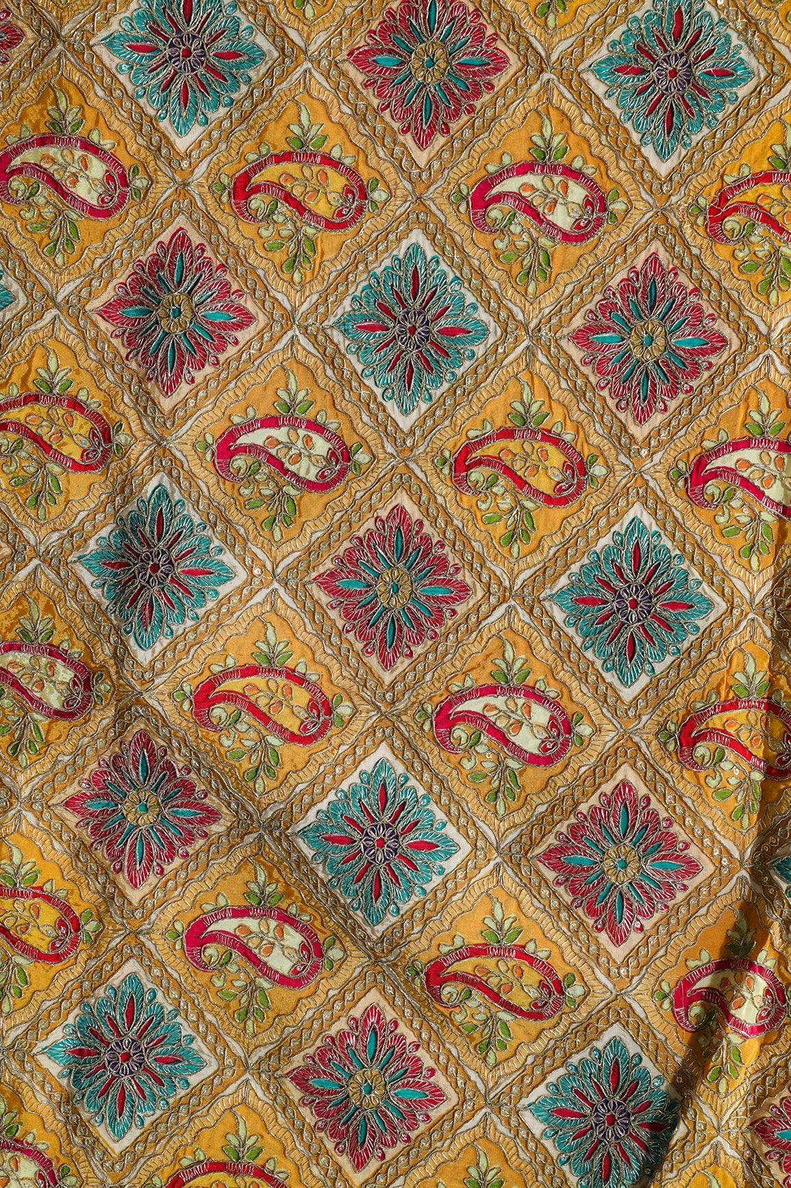 AIzaSyBcstauz-XMPRhEY21AUzeo032pxrXB5Ug - Heavy Gold Zari With Sequins Traditional Embroidery On Positional Print Yellow Crepe Fabric