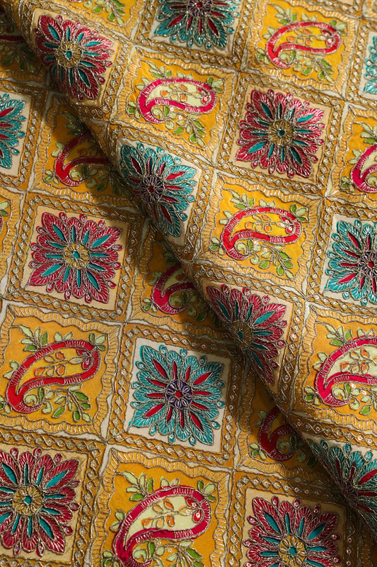 AIzaSyBcstauz-XMPRhEY21AUzeo032pxrXB5Ug - Heavy Gold Zari With Sequins Traditional Embroidery On Positional Print Yellow Crepe Fabric
