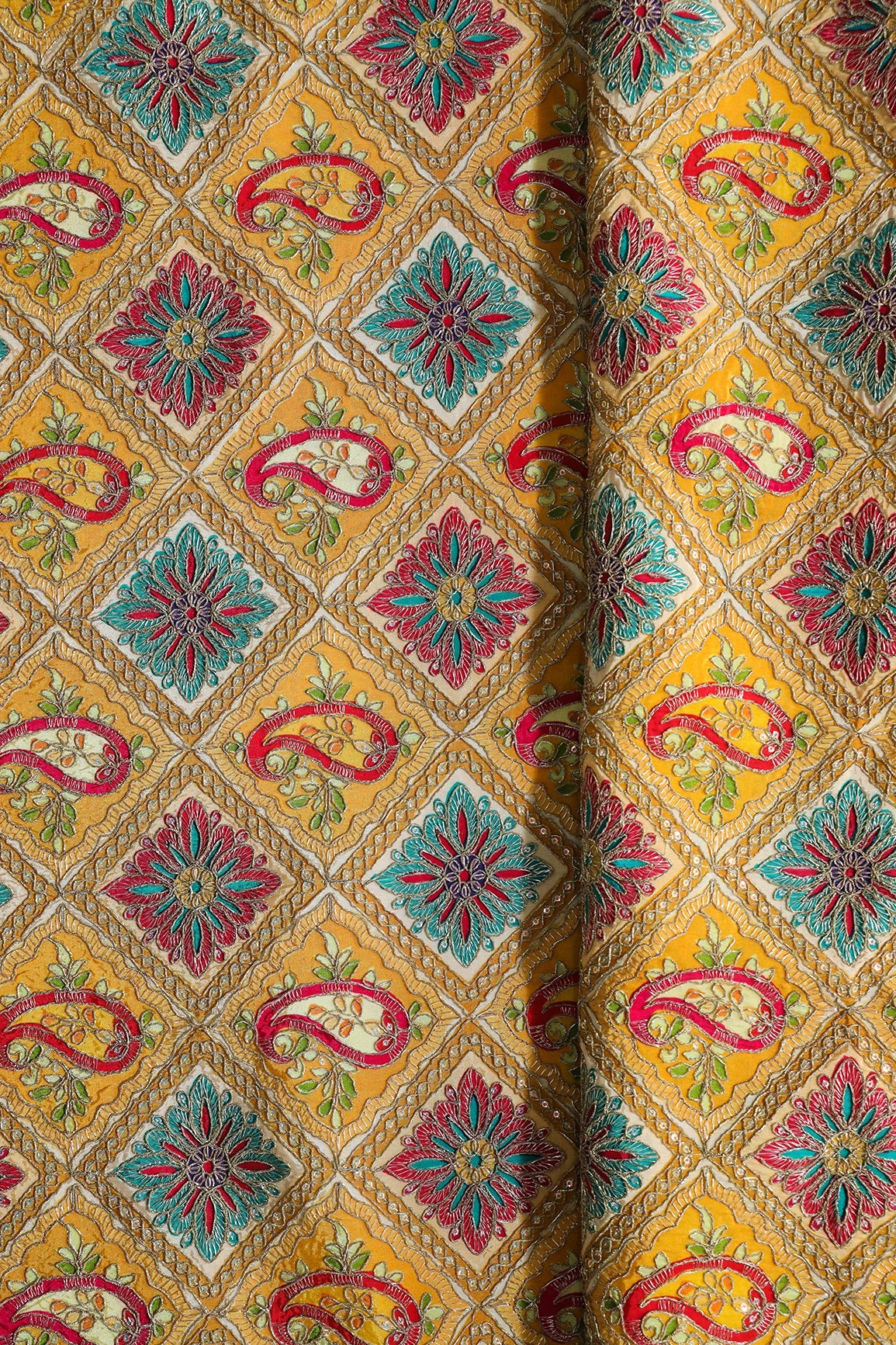 AIzaSyBcstauz-XMPRhEY21AUzeo032pxrXB5Ug - Heavy Gold Zari With Sequins Traditional Embroidery On Positional Print Yellow Crepe Fabric