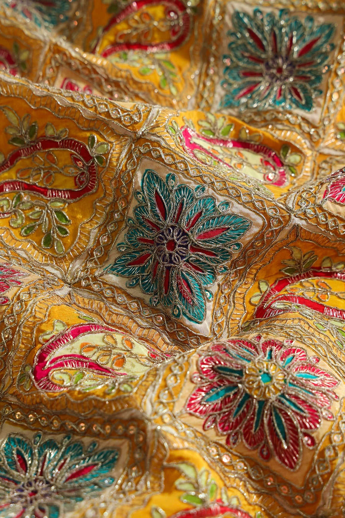 AIzaSyBcstauz-XMPRhEY21AUzeo032pxrXB5Ug - Heavy Gold Zari With Sequins Traditional Embroidery On Positional Print Yellow Crepe Fabric