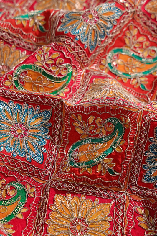 Positional Print With Sequins And Traditional Embroidery On Red And Rani Crepe Fabric