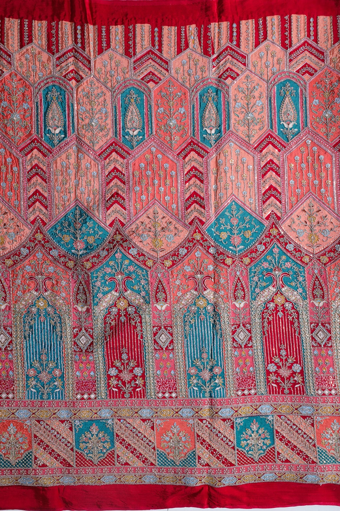 AIzaSyBcstauz-XMPRhEY21AUzeo032pxrXB5Ug - Big Width "48" Heavy Gold Zari With Sequins Floral Embroidery On Rani Pure Crepe Fabric