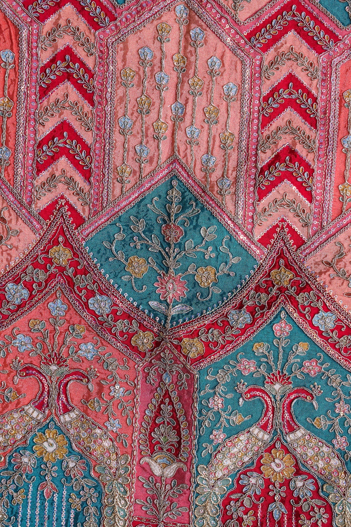 AIzaSyBcstauz-XMPRhEY21AUzeo032pxrXB5Ug - Big Width "48" Heavy Gold Zari With Sequins Floral Embroidery On Rani Pure Crepe Fabric