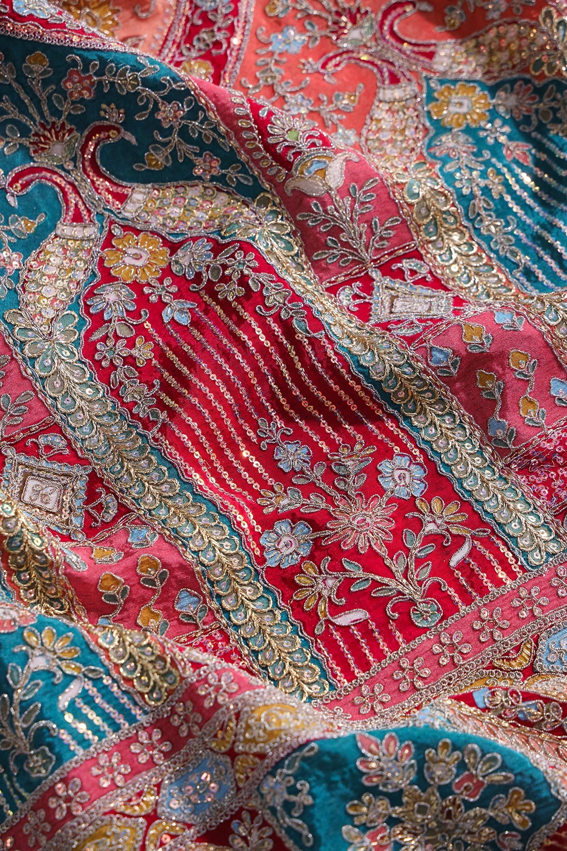 AIzaSyBcstauz-XMPRhEY21AUzeo032pxrXB5Ug - Big Width "48" Heavy Gold Zari With Sequins Floral Embroidery On Rani Pure Crepe Fabric