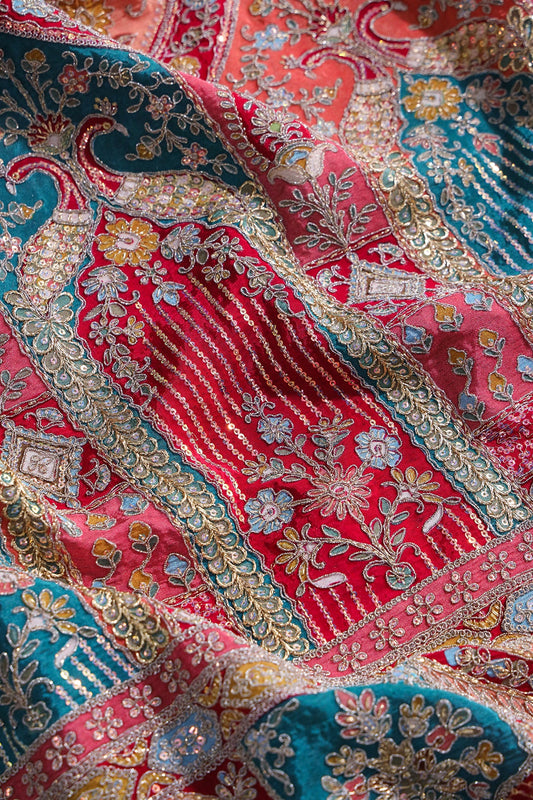 AIzaSyBcstauz-XMPRhEY21AUzeo032pxrXB5Ug - Big Width "48" Heavy Gold Zari With Sequins Floral Embroidery On Rani Pure Crepe Fabric