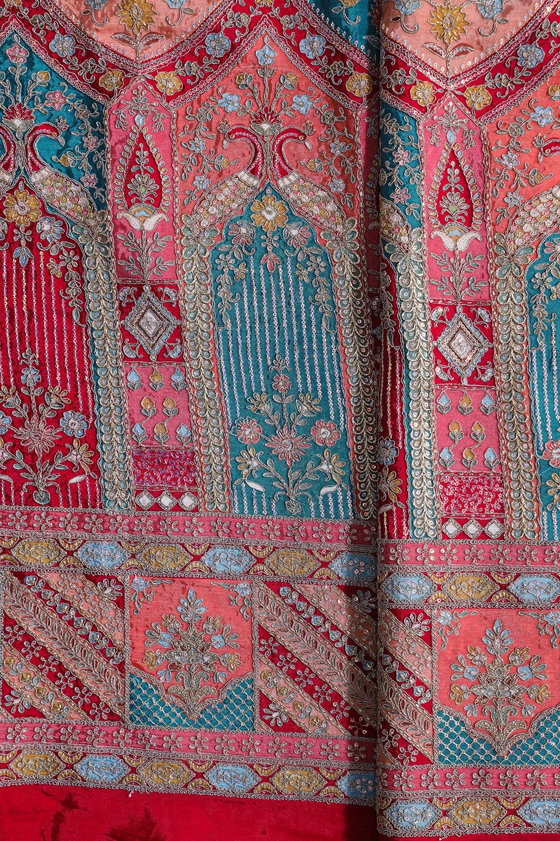 AIzaSyBcstauz-XMPRhEY21AUzeo032pxrXB5Ug - Big Width "48" Heavy Gold Zari With Sequins Floral Embroidery On Rani Pure Crepe Fabric