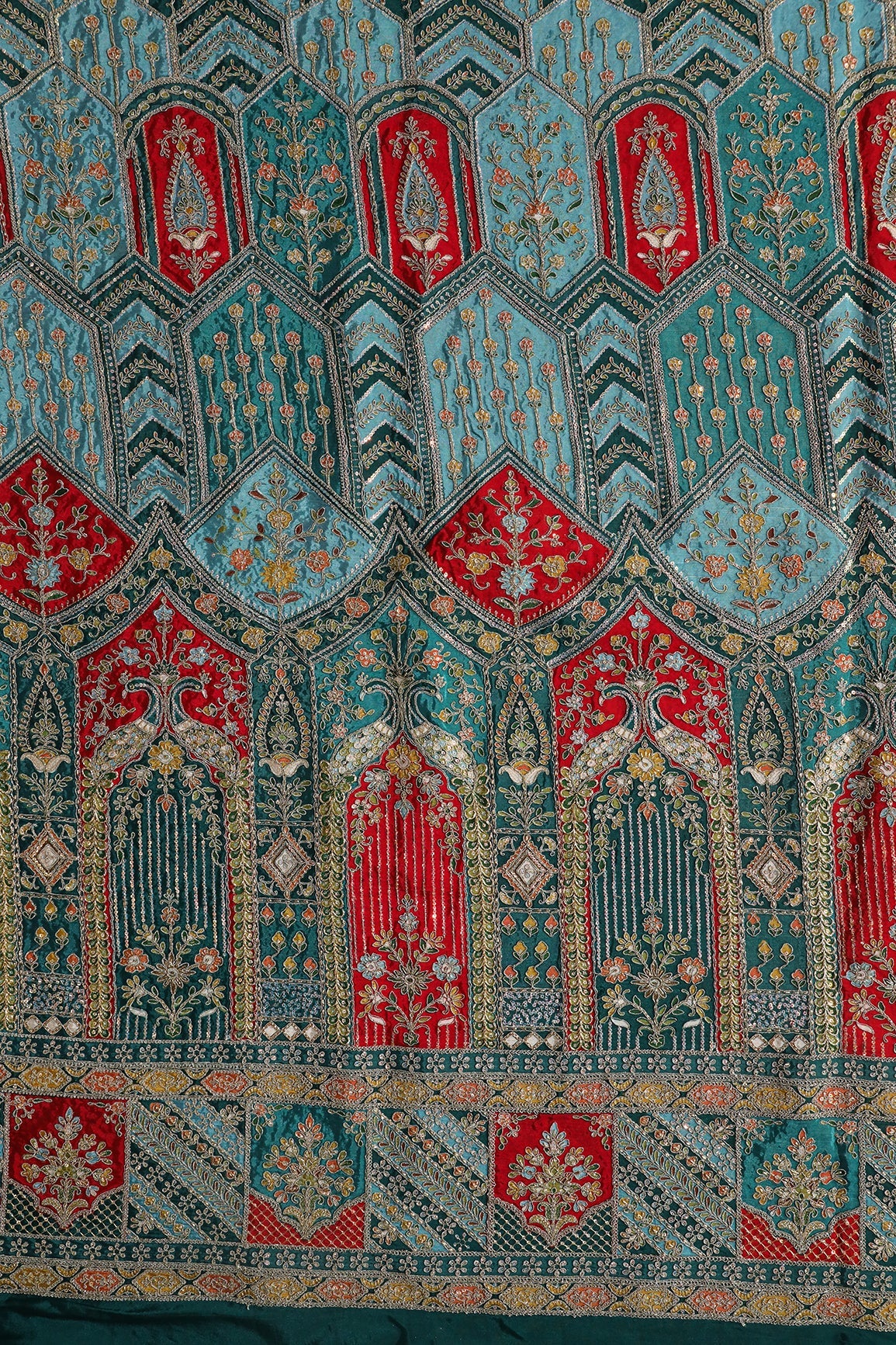 AIzaSyBcstauz-XMPRhEY21AUzeo032pxrXB5Ug - Big Width "48" Heavy Gold Zari With Sequins Floral Embroidery On Peacock Green Pure Crepe Fabric