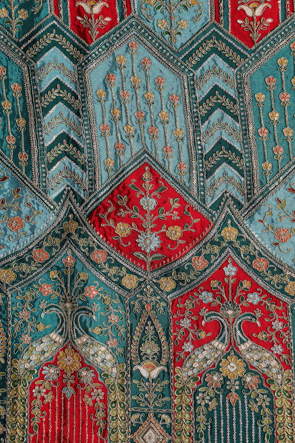 AIzaSyBcstauz-XMPRhEY21AUzeo032pxrXB5Ug - Big Width "48" Heavy Gold Zari With Sequins Floral Embroidery On Peacock Green Pure Crepe Fabric