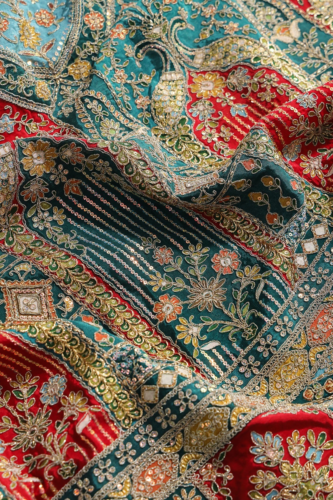 AIzaSyBcstauz-XMPRhEY21AUzeo032pxrXB5Ug - Big Width "48" Heavy Gold Zari With Sequins Floral Embroidery On Peacock Green Pure Crepe Fabric