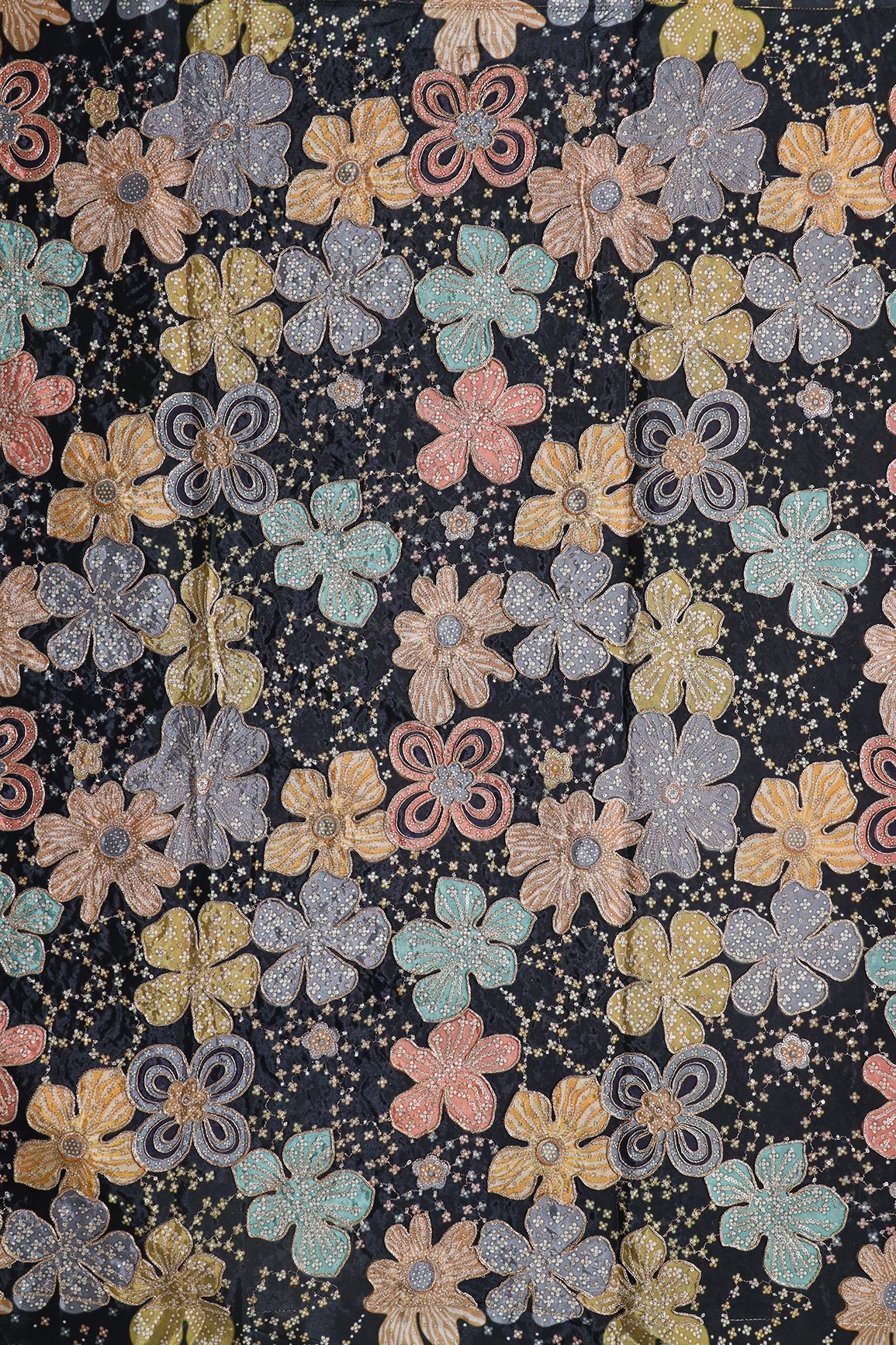 AIzaSyBcstauz-XMPRhEY21AUzeo032pxrXB5Ug - Floral Position Print On Sequins With Zari Embroidery On Black Viscose Zari Tissue Fabric
