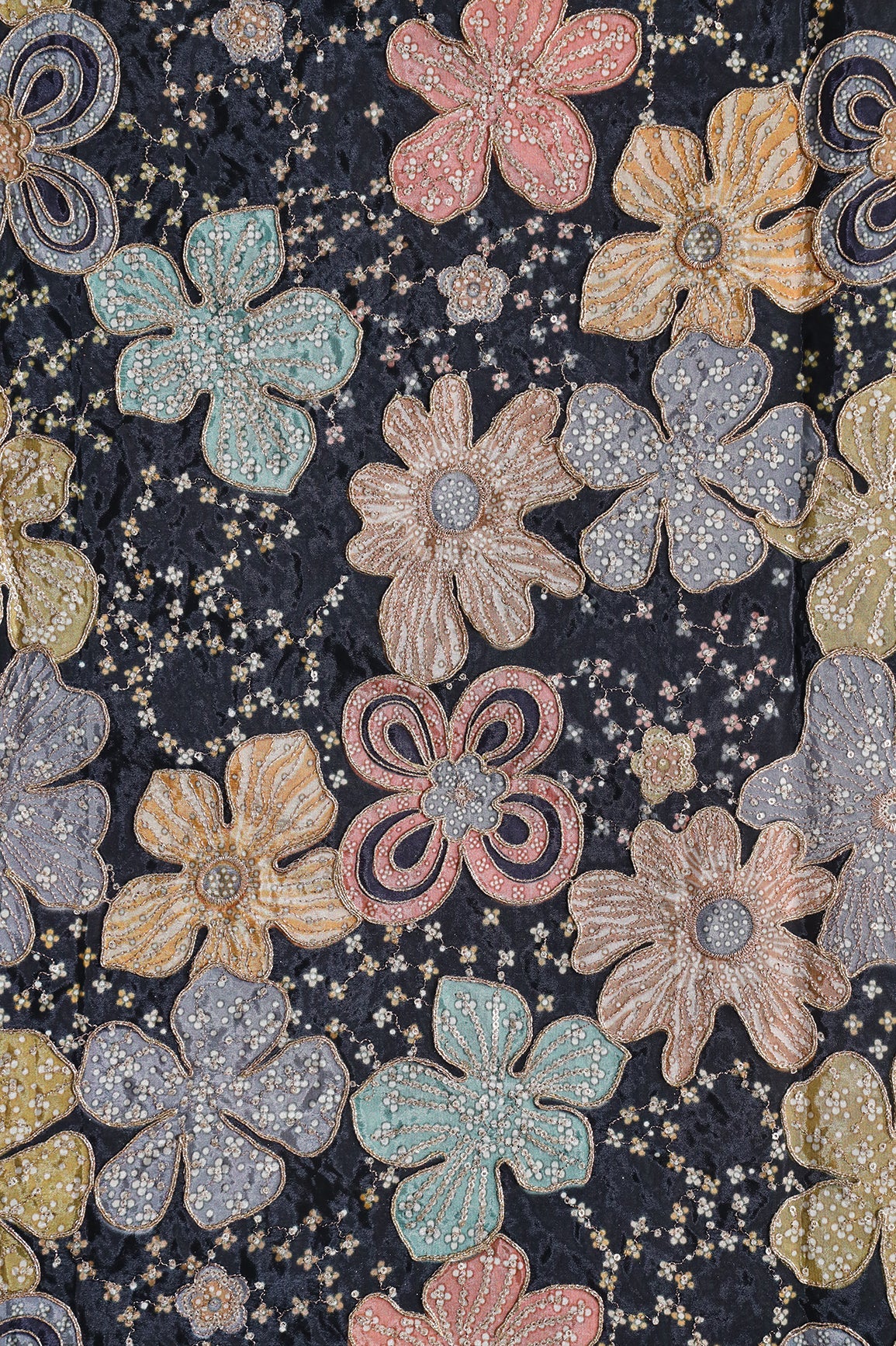 AIzaSyBcstauz-XMPRhEY21AUzeo032pxrXB5Ug - Floral Position Print On Sequins With Zari Embroidery On Black Viscose Zari Tissue Fabric