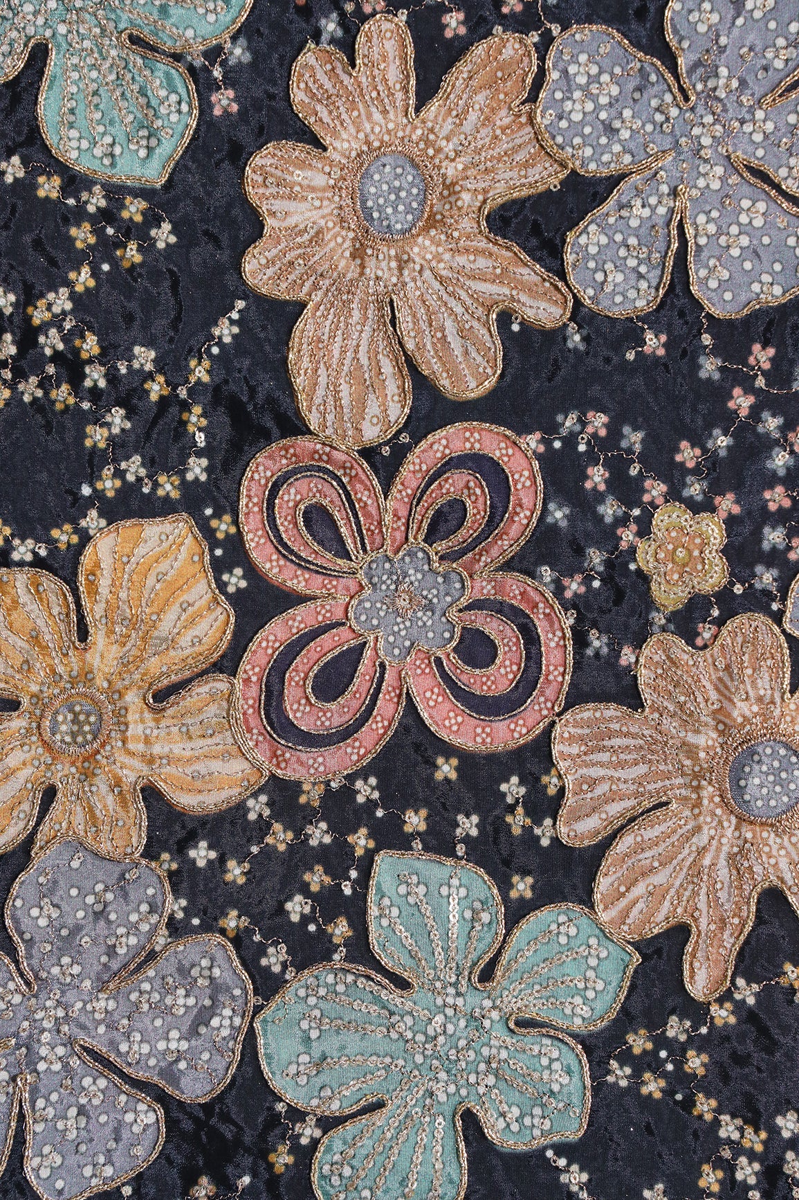 AIzaSyBcstauz-XMPRhEY21AUzeo032pxrXB5Ug - Floral Position Print On Sequins With Zari Embroidery On Black Viscose Zari Tissue Fabric