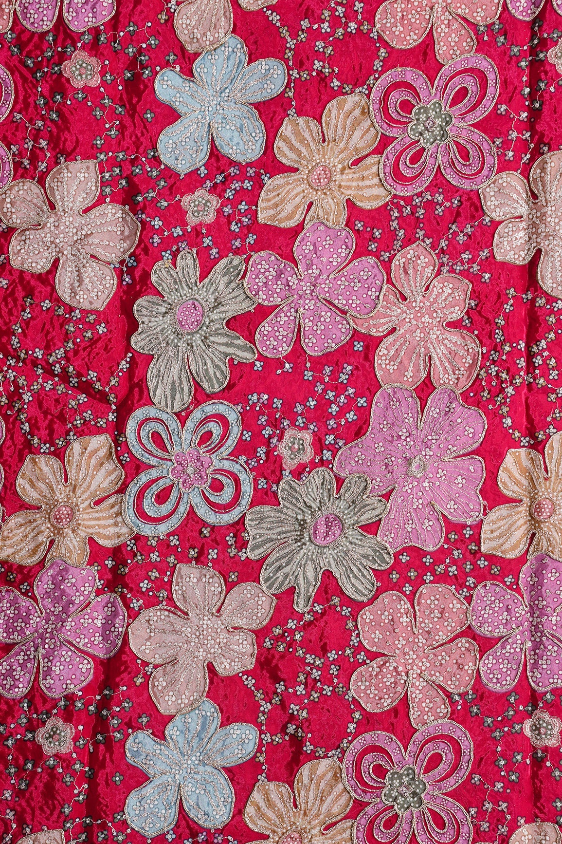 AIzaSyBcstauz-XMPRhEY21AUzeo032pxrXB5Ug - Floral Position Print On Sequins With Zari Embroidery On Fuchsia Viscose Zari Tissue Fabric