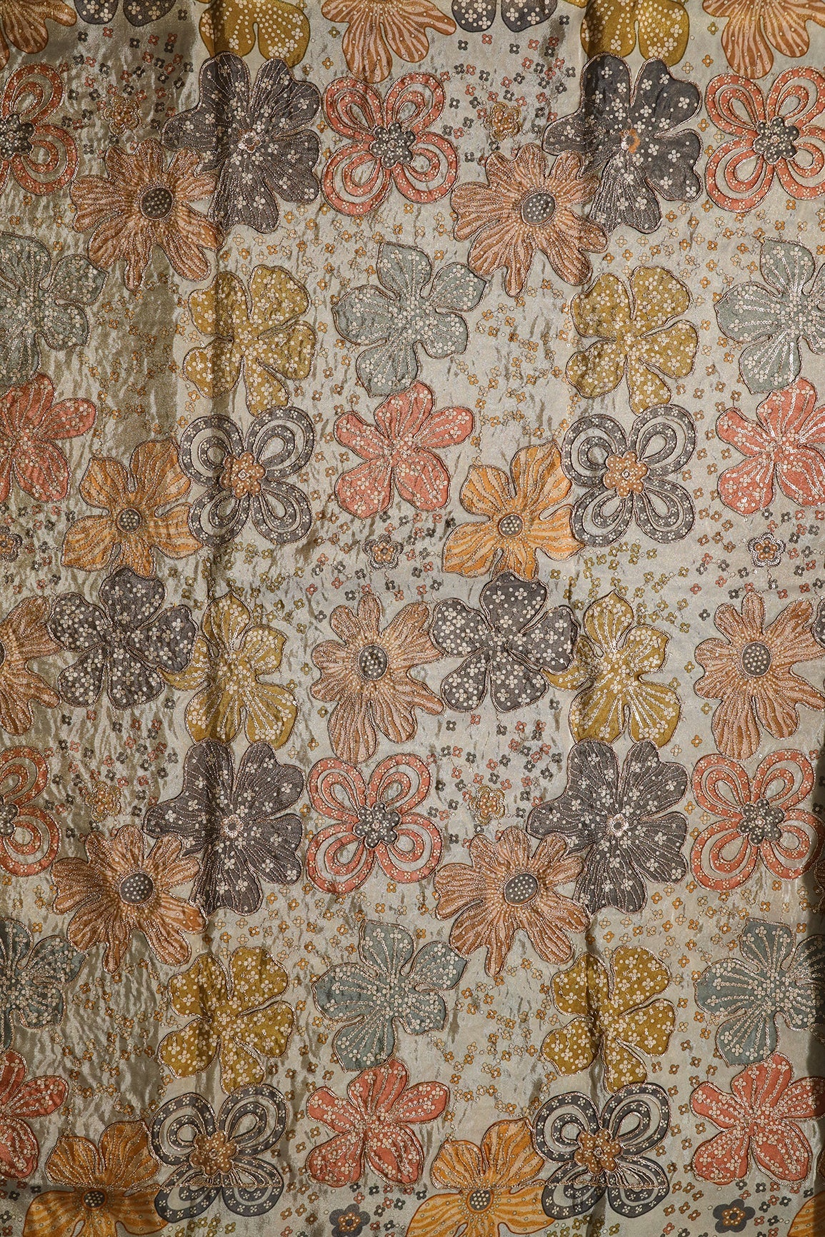 AIzaSyBcstauz-XMPRhEY21AUzeo032pxrXB5Ug - Floral Position Print On Sequins With Zari Embroidery On Pastel Grey Viscose Zari Tissue Fabric