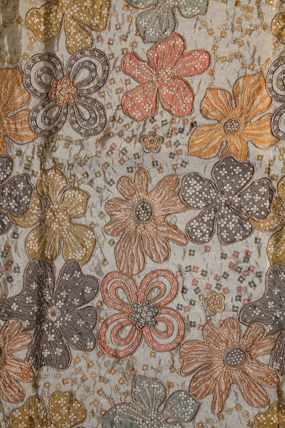 AIzaSyBcstauz-XMPRhEY21AUzeo032pxrXB5Ug - Floral Position Print On Sequins With Zari Embroidery On Pastel Grey Viscose Zari Tissue Fabric
