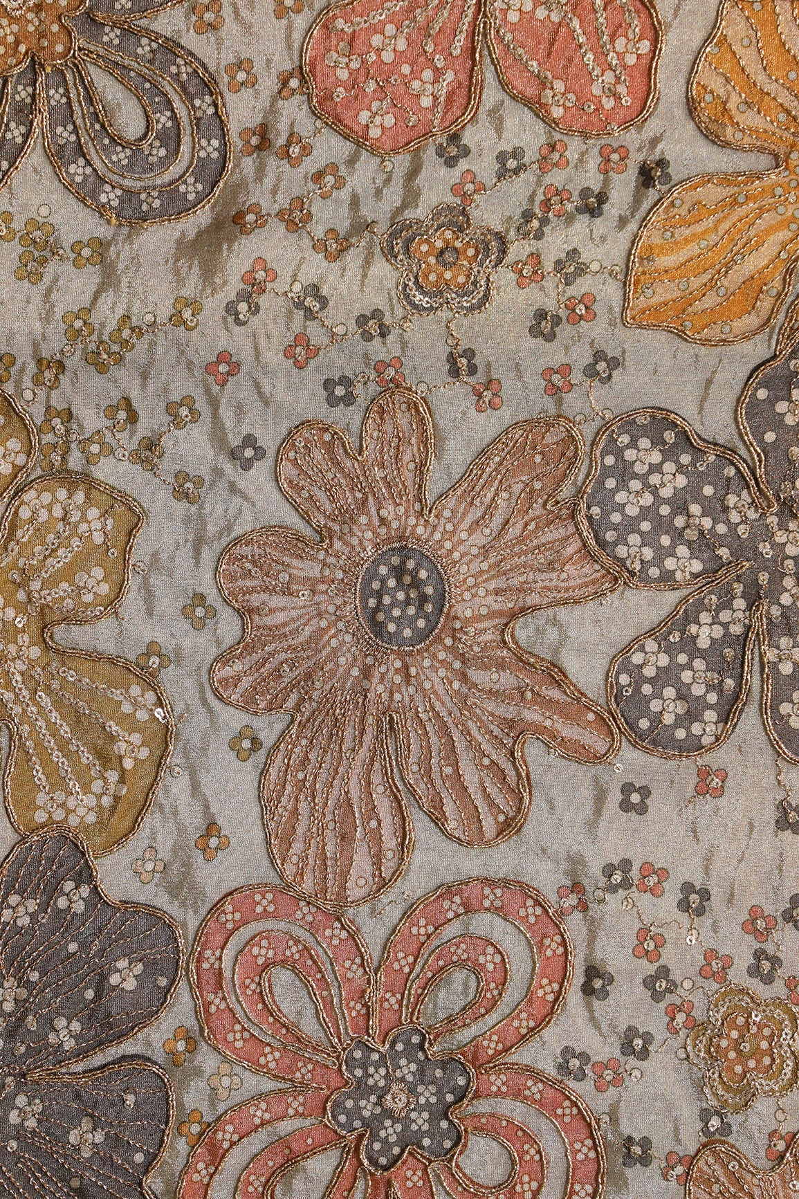 AIzaSyBcstauz-XMPRhEY21AUzeo032pxrXB5Ug - Floral Position Print On Sequins With Zari Embroidery On Pastel Grey Viscose Zari Tissue Fabric