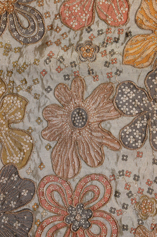 AIzaSyBcstauz-XMPRhEY21AUzeo032pxrXB5Ug - Floral Position Print On Sequins With Zari Embroidery On Pastel Grey Viscose Zari Tissue Fabric